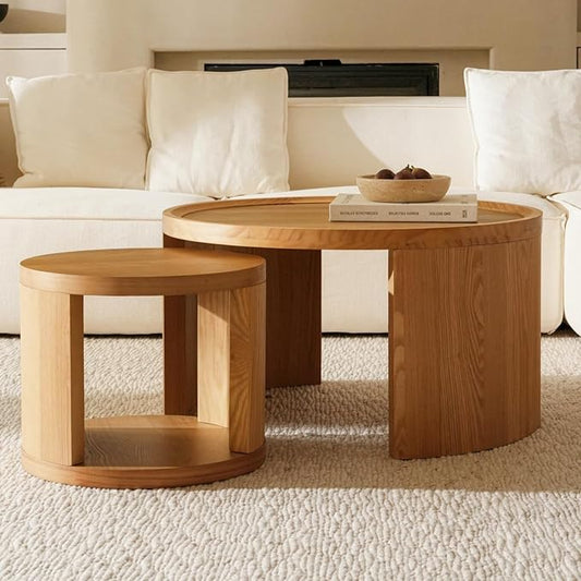 Round Nesting Coffee Table Set of 2, Brown Coffee Table, 31.5" Large & 18" Small Low Tables with Wood Top, Center Table for Living Room, Bedroom, Minimalist Center Table Set