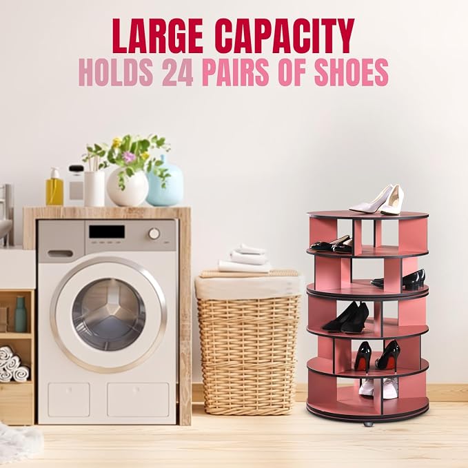 Kings Brand Furniture - 5-Tier Rotating Shoe Rack, 360° Revolving Lazy Susan Spinning Shoe Rack Tower Storage Organizer for Closet Entryway Bedroom Hallway, Red - Image 4