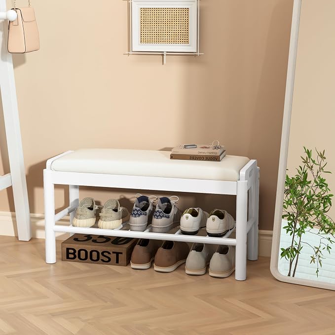 Entryway Shoe Storage Bench, 2-Tier Wood Shoe Rack with Cushion, Padded Seat Entryway Organizer with Shelf & Hidden Storage for Entry, Hallway, Living Room, Bedroom, Closet (White, 31.5") - Image 9
