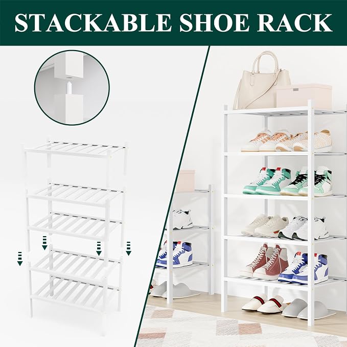 Smiry Shoe Rack, 5 Tier Small Bamboo Shoe Organizer, Stackable Free Standing Wooden Shoe Storage Shelf for Closet, Entryway, Front Door Entrance, White - Image 4