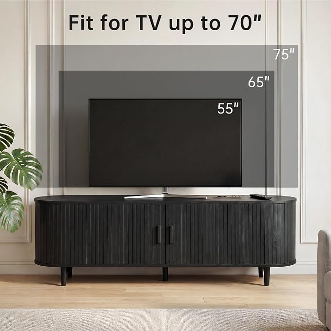 65" Mid Century Modern TV Stand, Wood TV Consoles with Sliding Doors and Power Outlet, Fluted Entertainment Center with Adjustable Shelves, Media Console for Living Room, Black - Image 6