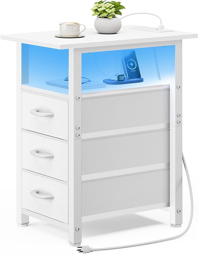 Vagusicc White Nightstand with Charging Station and LED Lights, Narrow End Table, LED Nightstand with 3 Fabric Drawers for Bedroom, Small Bedside Table, Narrow Side Table for Small Spaces, White by Vagusicc