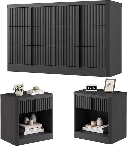 Fluted Dresser and Nightstand 3-Piece Bedroom Set, 47" Wide 6-Drawer Dresser and 2 of Nightstands with Charging Station, Curved Profile Design, Modern Bedroom Dressers Sets, Black