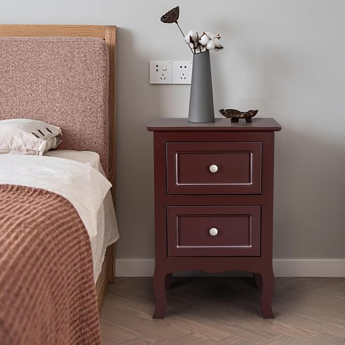 Karl home Brown Nightstand Set of 2 for Bedroom, Vintage Small Night Stand with Drawers, Farmhouse Side Table, Wooden End Tables with Curved Legs for Office, Mid-Century - Image 7