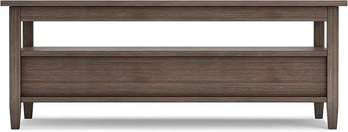 SIMPLIHOME Warm Shaker Coffee Table - 48 inch Wide Solid Wood Coffee Table in Farmhouse Brown, Transitional Living Room Table with 2 Drawers, Open Shelf, Shaker Fronts and Tapered Legs