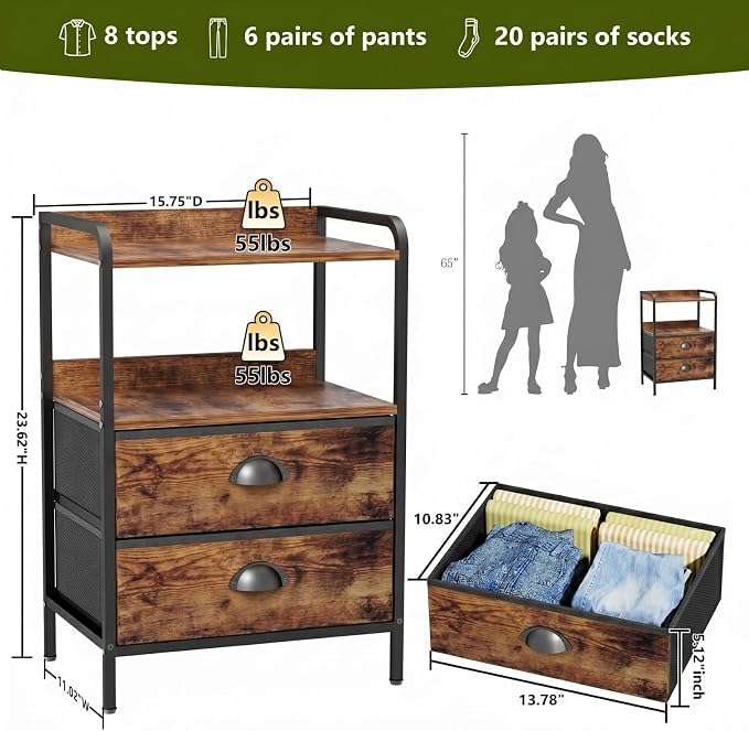 Night Stand, End Table with 2 Drawers Nightstand for Bedroom, Small Fabric Dresser Organizer, Bedisde Table Side Table with Open Storage Shelf, Rustic Brown - Image 3