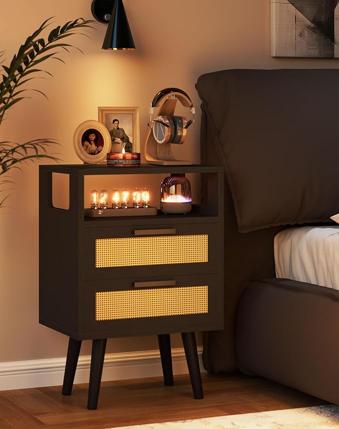 YMYNY Nightstand with 2 Drawers, Boho Side Table, Handmade Rattan Decorated, Open Shelf Unit with Arched Design, Solid Wood Legs, Storage Cabinet for Bedroom, Black UHST015B - Image 4