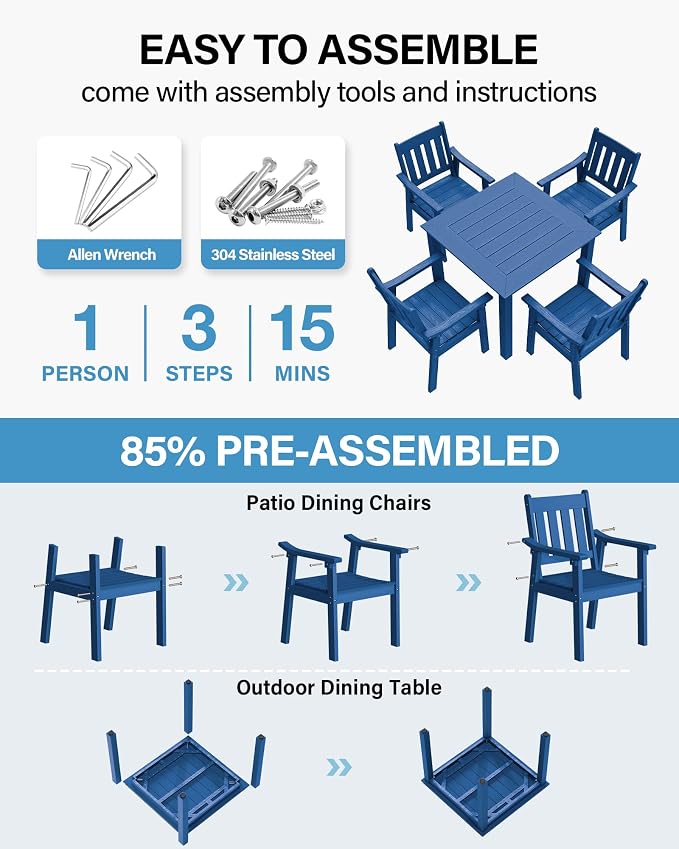 YEFU HIPS Patio Table Set: 5 Piece Outdoor Square Table and Chairs with Metal Aluminum Frame - Blue Modern Plastic Patio Dining Furniture Set 4 Person for Outside Deck - Image 2