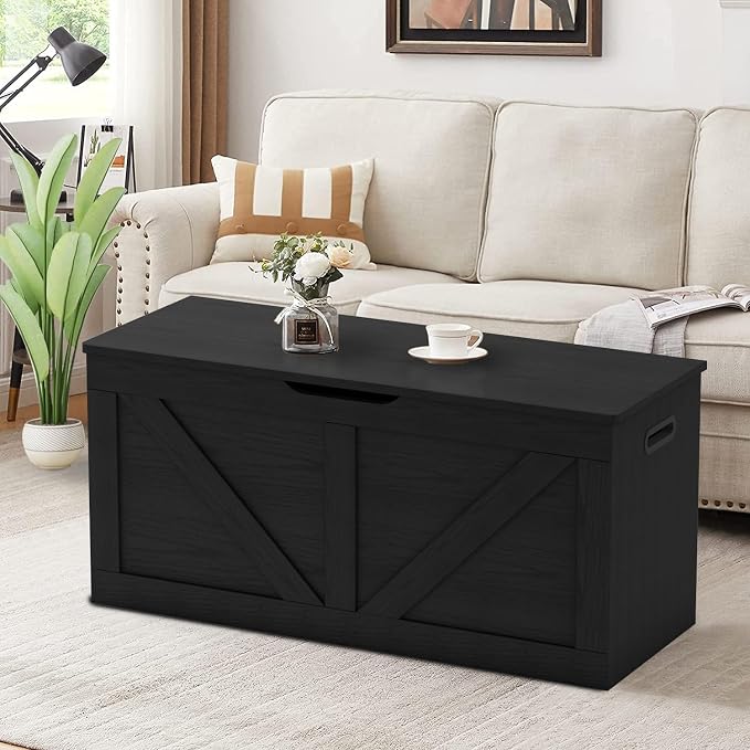 Timberer 39.4" Storage Chest, Wooden Storage Bench, Large Storage Trunk with 2 Safety Hinges, Entryway Shoes Bench for Living Room, Bedroom, Black - Image 6