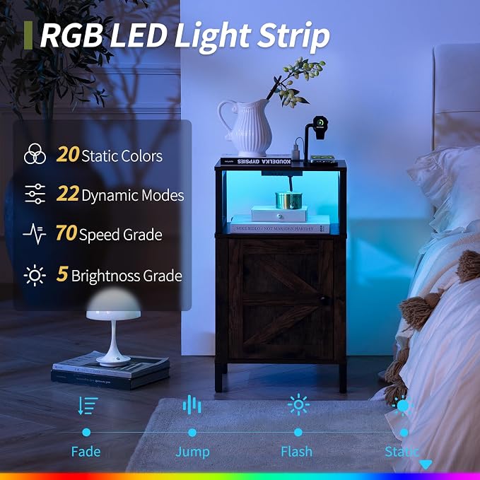 Yoobure Farmhouse NightStand with Charging Station，Wood Night Stand End Table with USB Ports, LED Bed Side Table with Storage Cabinet，Bedside Table for Bedroom, Living Room Rustic Brown - Image 5