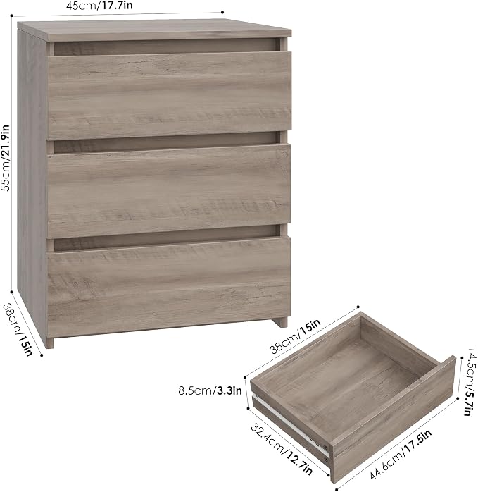 FOTOSOK Nightstand Set of 2 Nightstand with 3 Drawers, Bedside Table Night Stand for Bedroom with Cut-Out Handle, Sofa Side Table 3 Drawer Nightstand for Bedroom, 17.7W*15D*21.7H, Ash Grey - Image 3