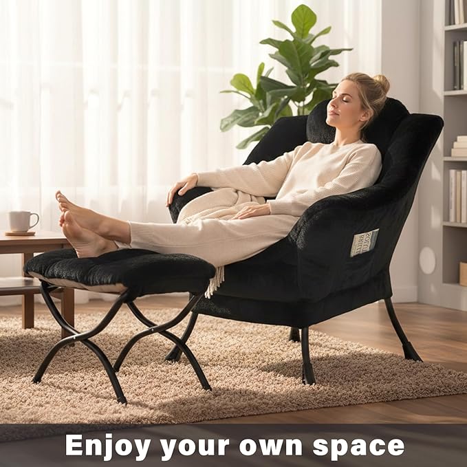 Plush Black Lazy Chair with Ottoman, Large Contemporary Accent Chair with Side Pocket, Modern Leisure Upholstered Reading Armchair with Footrest for Office, Bedroom, Living Room, Balcony
