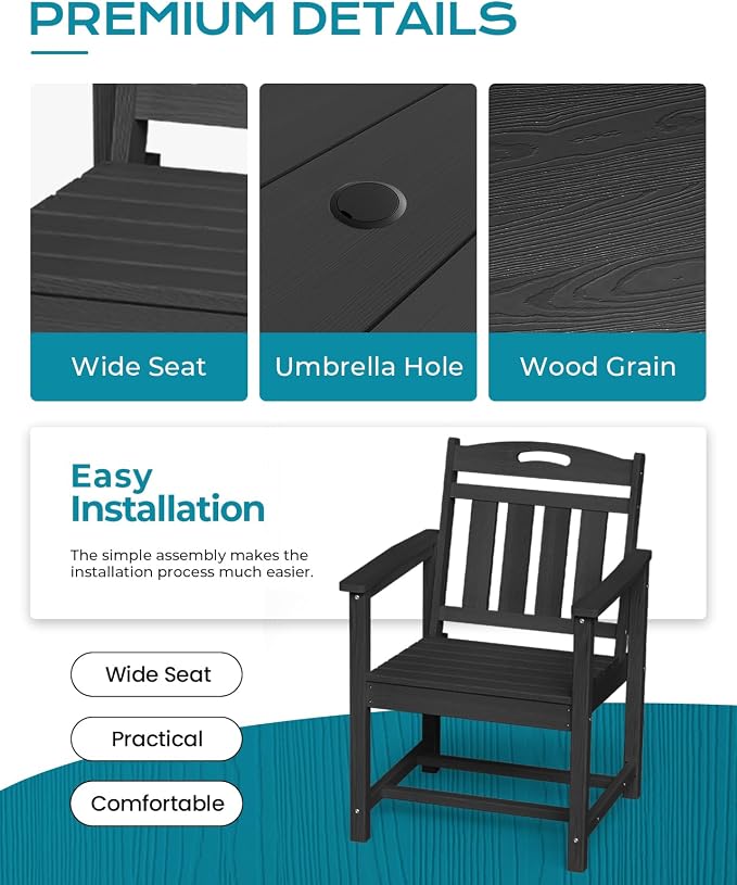 Ciokea HDPE Outdoor Dining Table with Umbrella Hole,66" Rectangle Patio Table for 6,All-Weather Outdoor Patio Furniture Set for Garden Backyard,Black - Image 6