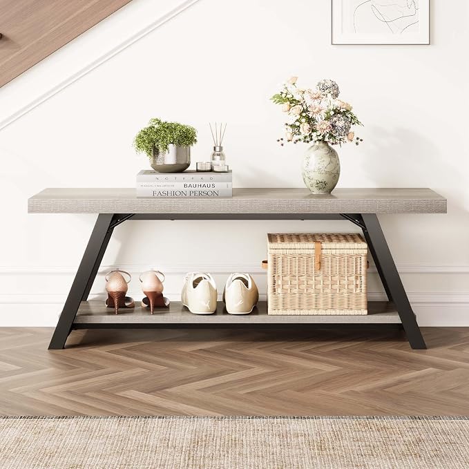 LVB Industrial Entryway Bench, Wood and Metal Storage Bench, Indoor Farmhouse Hallway Accent Entry Bench for Seating Sitting, Shoe Rack Organizer Cabinet in Foyer Bedroom, Light Grey Oak, 47 Inch Long - Image 8