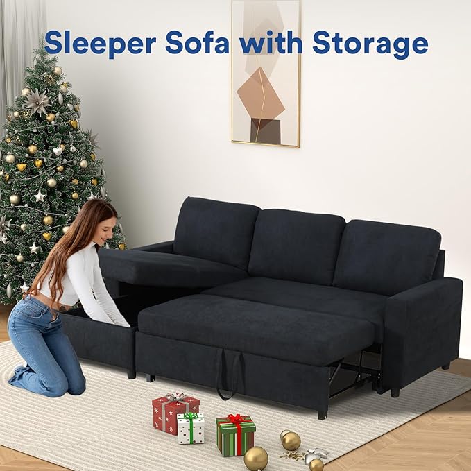 Rovibek 83" Convertible Sofa Bed Couch with Storage - 4 in 1 L Shaped Sofa with Pull Out Couch Bed for Living Room, Apartment, Office, Small Spaces, Jet Black