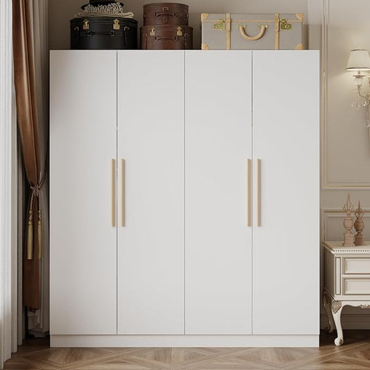 AGOTENI Armoire Wardrobe Closet with 4 Doors & 2 Hanging Rods, Wooden Clothing Storage Cabinet with Shelves for Bedroom, White, 19.7" D x 63" W x 70.9" H