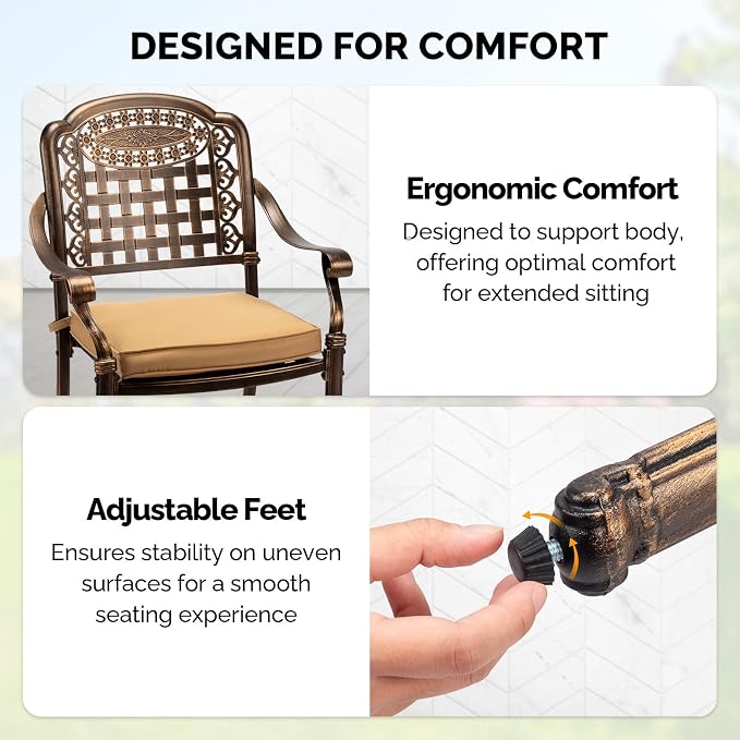 VINGLI Patio Chairs Set of 4- Stackable Outdoor Cast Aluminum Dining Chairs with Vintage Bronze Finish and Plaid Pattern, Metal Armchairs for Poolside, Backyard, Balcony (with Cushion) - Image 5