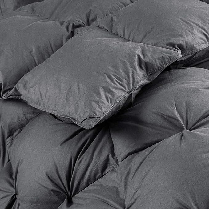 Luxurious Heavyweight Goose Down Feather Fiber Comforter Duvet Insert, Exquisite Gray Pinch Pleat Design, Super King 120 x 120, Premium Baffle Box 100% Egyptian Cotton, 85 oz Fill Weight