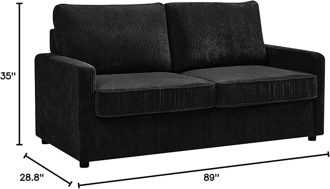 Reversible Sleeper Sofa Bed with Comfortable Memory Foam Mattress, Convertible Corduroy Full Size Pull Out Couch for Living Room, Space Saving Furniture, 70" Wide, Rectangular Arms, Black