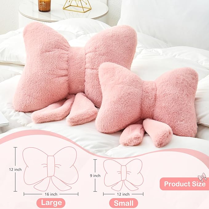 Red Bow Pillow,12'' Bow Decorative Pillows with Faux Rabbit Fur,Soft Bow Throw Pillows Aesthetic Bow Shaped Pillow for Bed Sofa Couch Home Decor