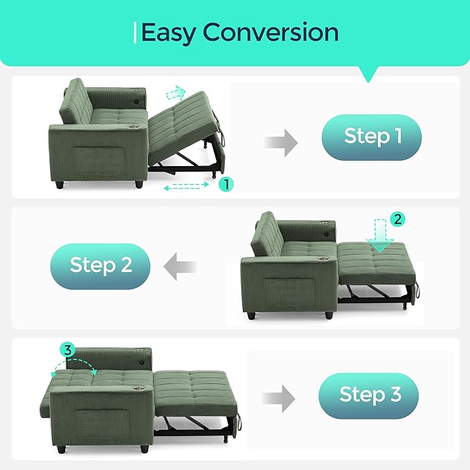 LINSY 54" Pull Out Couch with Charging Station - Sleeper Sofa Bed with Cup Holder, Small 3 in 1 Convertible Loveseat Sleeper Couch for Apartment, Dorm Room, Bedroom and Small Space, Olive Green