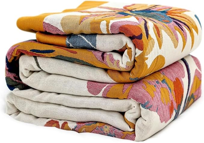 Boho Throw Blanket - 100% Cotton Soft Throw Blanket for Bed, 60"x80" Reversible Breathable Lightweight Spring Blankets, All Seasons Farmhouse Decor Floral Plant Butterfly Throw Quilt