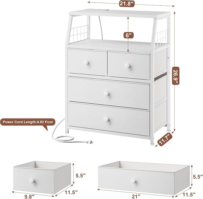 EnHomee Nightstand with Charging Station & LED Lights, End Table with 4 Fabric Drawers, Bedside Table with Shelf, Furniture for Bedroom, Dorm, Closet, Entryway, Wood Top, White - Image 2