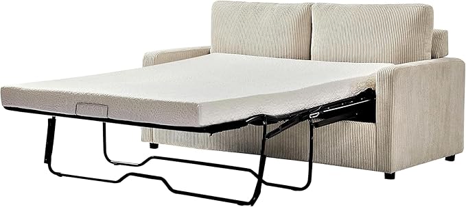 Reversible Sleeper Sofa Bed with Comfortable Memory Foam Mattress, Convertible Corduroy Full Size Pull Out Couch for Living Room, Space Saving Furniture, 70" Wide, Rectangular Arms, Ivory