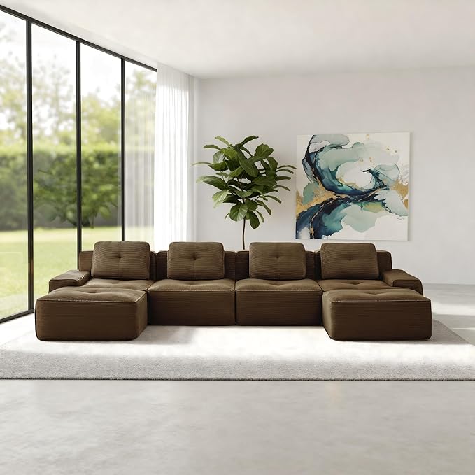Casaphoria 150'' Boneless Sectional Sofa, Corduroy 4-Seater Cloud Couch with 4 Pillows & 2 Ottomans for Living Room, U-Shaped Deep Seat Modular Sofa for Apartment, No Assembly, Brown