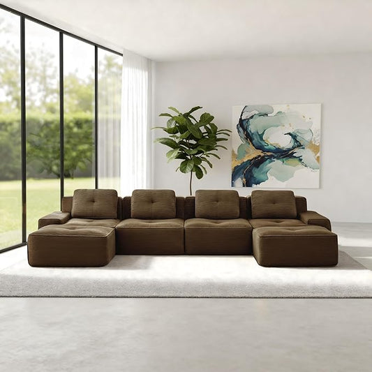 Casaphoria 150'' Boneless Sectional Sofa, Corduroy 4-Seater Cloud Couch with 4 Pillows & 2 Ottomans for Living Room, U-Shaped Deep Seat Modular Sofa for Apartment, No Assembly, Brown