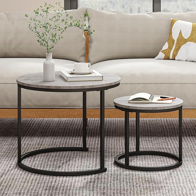 HOJINLINERO Round Coffee Table,Nesting Coffee Table Set of 2,Center Tables for Living Room,Office, Home Small Space,Stacking Side Tables,Sturdy and Easy Assembly,Wood Desktop,Black+Grey,Small