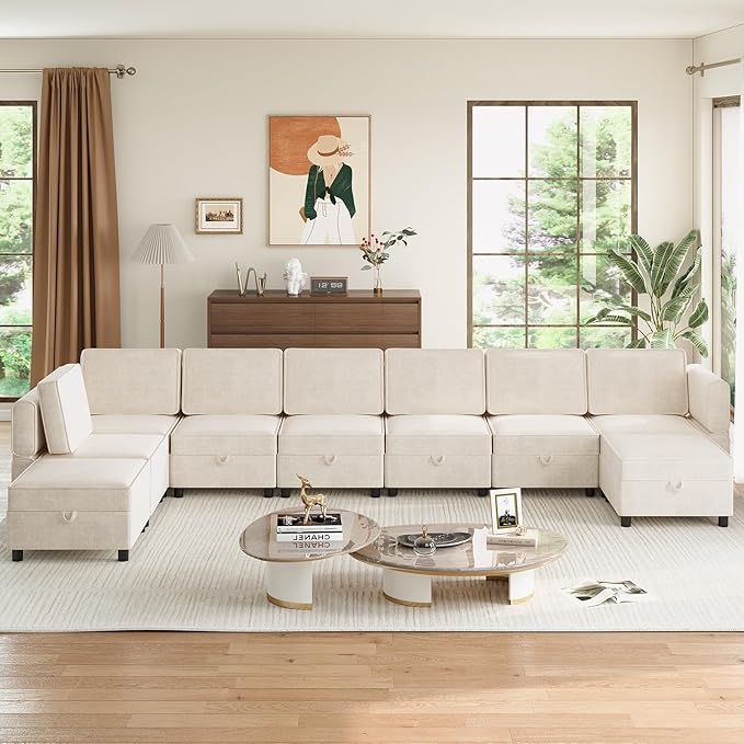 GAOMON Modular Sectional 9-Seat Sofa, L Shaped Sectional Couch with Removable Storage Ottoman, Convertible Sleeper Sofa Suitable for Living Room, Bedroom, and Apartments, Beige
