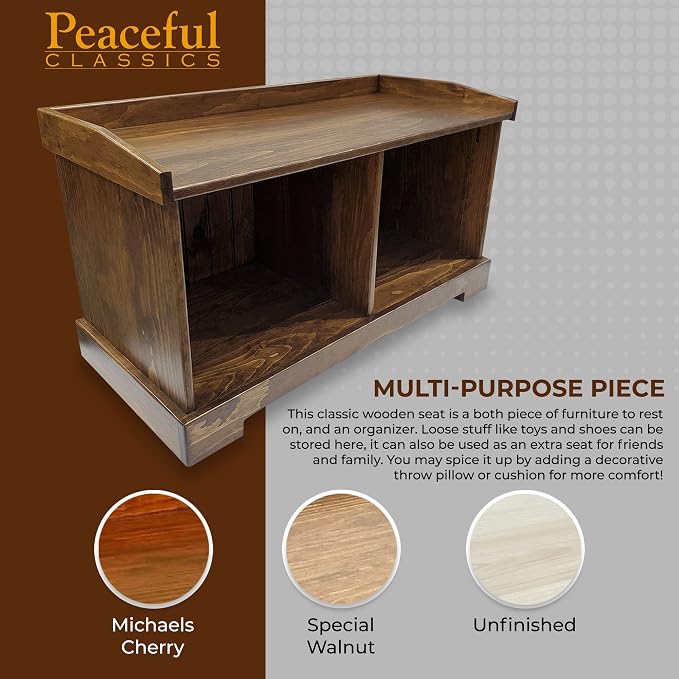 Peaceful Classics Wooden Entryway Storage Bench Amish Furniture | Wooden Shoe Cubby Storage Bench, Entryway Bench with Storage for Entry, Mudroom, or Hallway, 36"W x 16.5"D x 20.5"H (Special Walnut) - Image 3