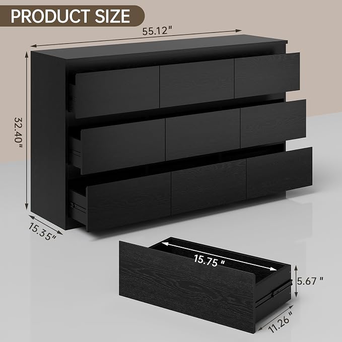 OtterOasis Black Wood Dresser for Bedroom, 9 Drawer Dressers for Clothes Storage, Modern Dresser with Wide Drawers, Wide Wooden Chest Drawers for Living Room, Entryway, TV Stand - Image 2