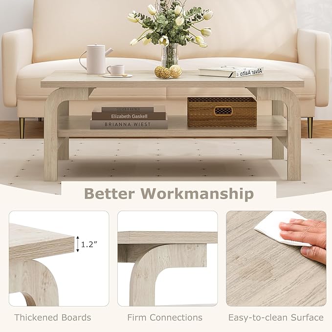 Giantex 2-Tier Coffee Table with Storage, 47” Mid Century Rectangle Accent Table with Open Shelf, Large Tabletop & Curved Legs, Rustic Style Wood Cocktail, Center Table for Living Room, Natural