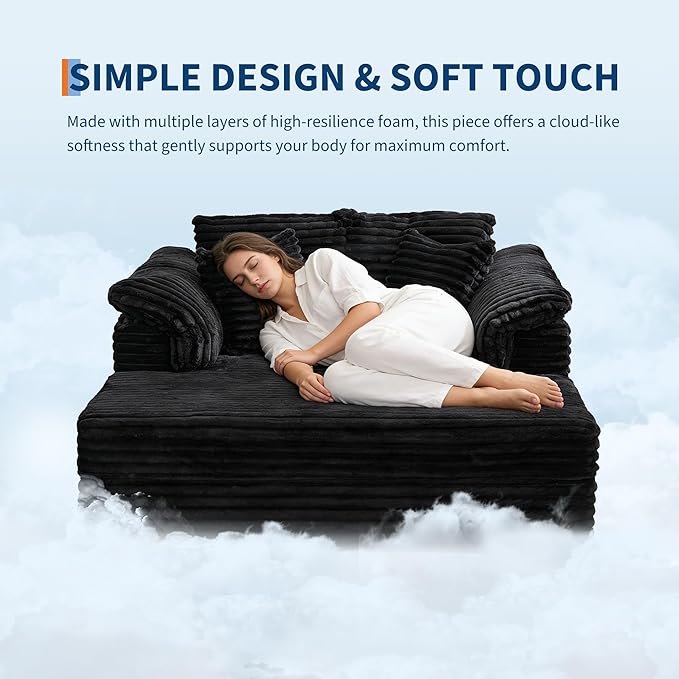 Oversized Chaise Lounge Chair 59 * 54 Inch Indoor Comfy Corduroy Cloud Sleeper Couch Upholstered Sofa Bed with USB Port Throw Pillows Supportive Armrests for Living Room