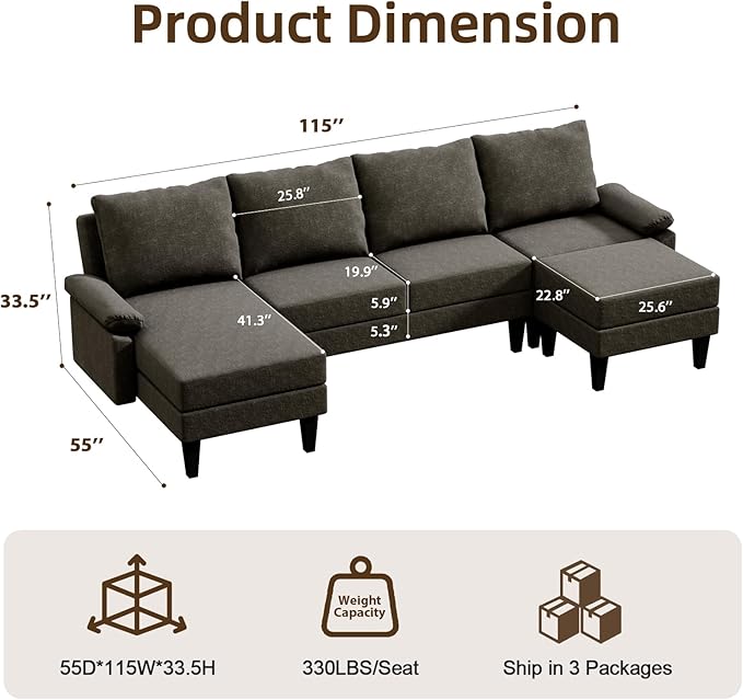 Sectional Couches for Living Room Furniture Sets, 4 Seat U Shaped Sectional Couch with Storage, Adjustable Sofa with Armrests and Ottoman for Apartment, Dark Brown
