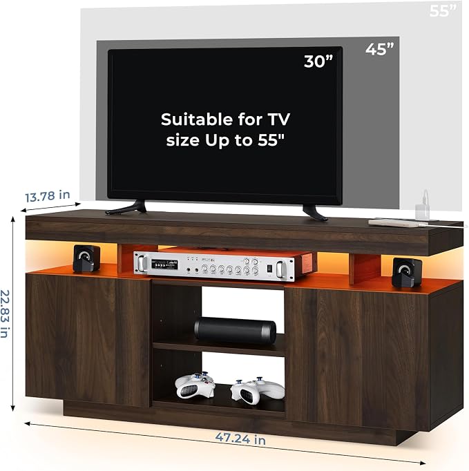 HOMMPA LED TV Stand for 55/50/43/40/32 Inch Modern Entertainment Center with Power Outlets, Gaming Consoles Storage, Media Table with LED Lights, Game Cabinet for Living Room Walnut - Image 2
