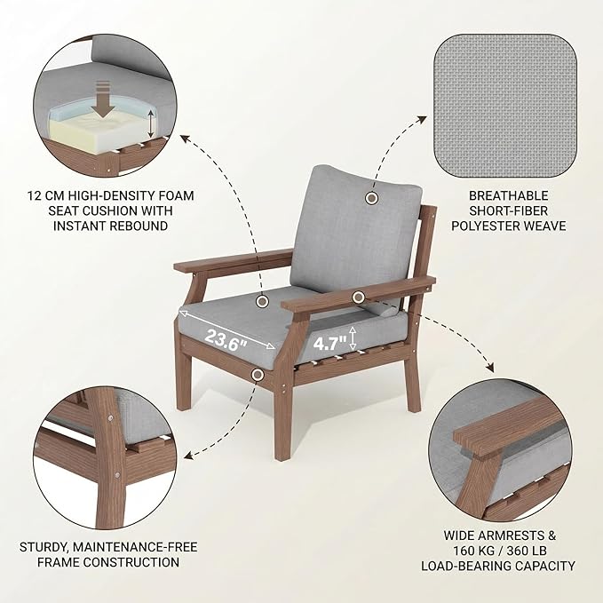 HDPE Patio Conversation Set, 3-Piece All Weather Outdoor Furniture Set with 1 Single Sofa，1 Rocking Sofa for Deck, Lawn, with Cushion, Brown