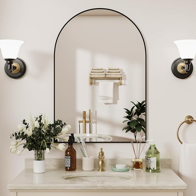 Rowjut Arched Wall Mirror 30"x20"Window Mirrors, Decorative Wall & Iron Framed Bathroom Mirror, Arched Top Wall Mirrors for Entryway. Living Room, Bedroom, Fireplace .（Black - Image 7