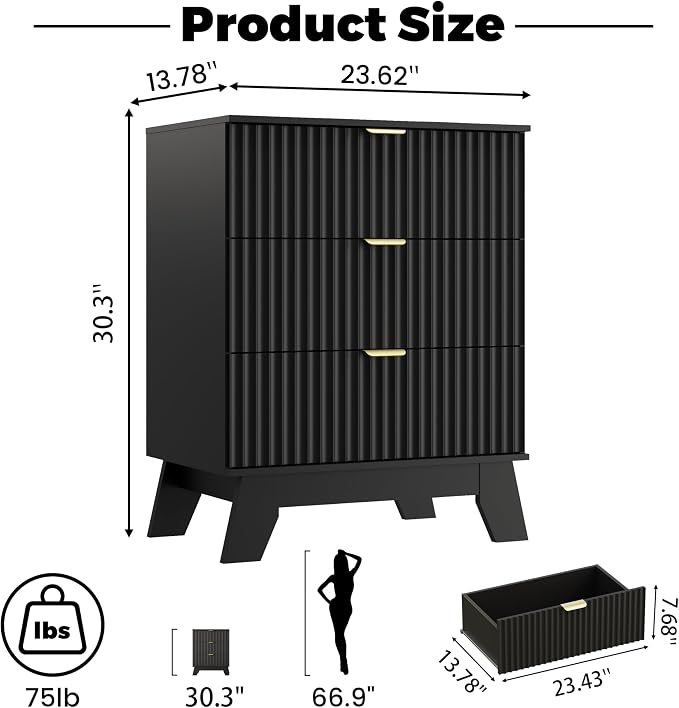 Wodeer Black Night Stand with 3 Drawers, Bedside Table & End Table, 24" Wide Mid Century Modern Fluted Wood Nightstand with Metal Handles, Farmhouse Night Stands for Bedroom - Image 2