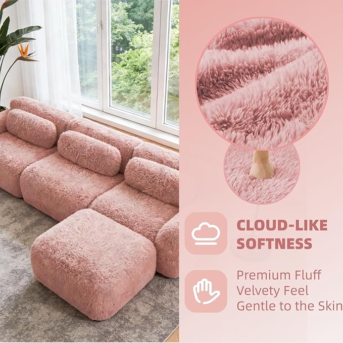 114.7" L-Shaped Boneless Modular Sofa, Plush Foam Lounge Couch, 32D High Density Sponge, Plush Convertible Sofa Set Deep Seat Couches for Living Room, Bedroom and Apartment, Pink
