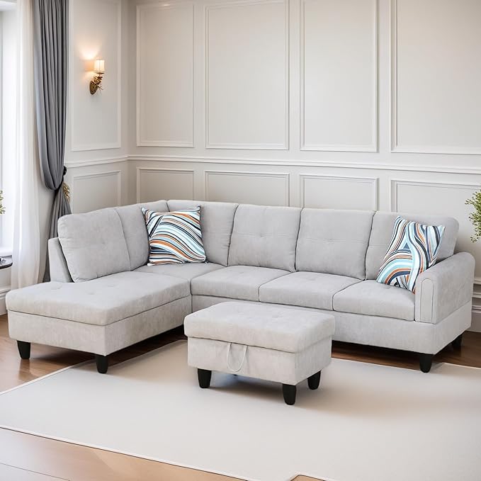 FONTOI L Shaped Sectional Couches for Living Room, Modular Sectional Sofa with Ottoman Storage, Modern Comfy 4 Seat L Shaped Couch with Chaise for Bedroom Apartment Furniture, Gray
