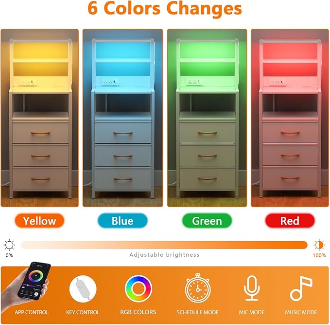 Furnulem Night Stand, White Bedside Nightstand with 4-Tier Shelves and 3 Fabric Drawers, LED Bed Side Tables with Charging Station, Tall Dresser for Bedroom, Hallway, Office - Image 5