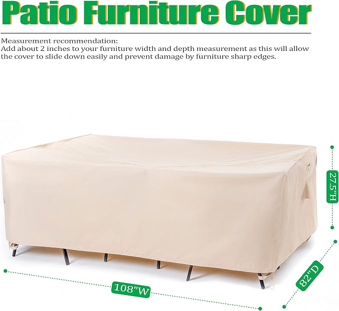 F&J Outdoors Patio Furniture Covers, Waterproof Anti-UV for Table and Chairs Set, Beige, 108"x82" - Image 2