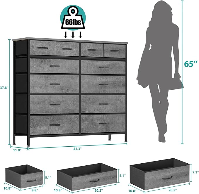 VASICAR Gray Dresser for Bedroom with 12 Deep Drawers, Wide Chest of Drawers, Wood Top TV Stand, Tall Fabric Storage Cabinet for Closet, Nursery, Kid's Room - Image 3