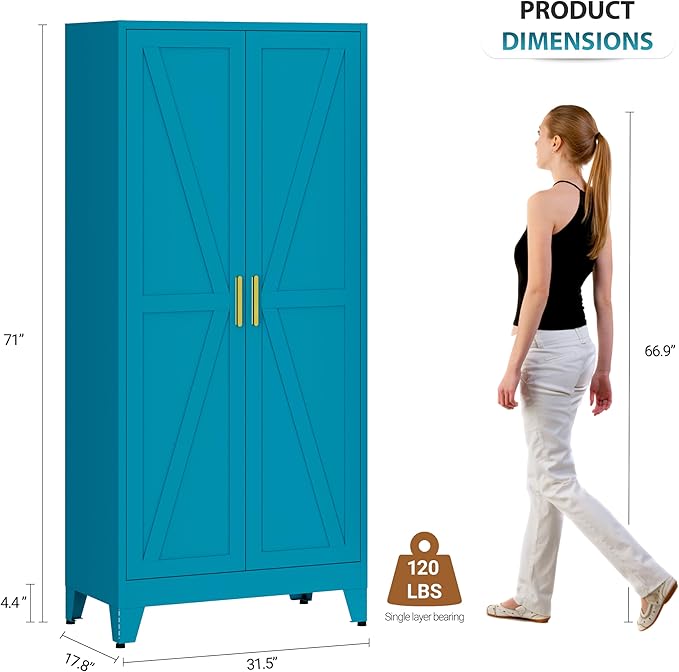 Metal Armoire Wardrobe Closet with Hanging Rod, 71'' Metal Wardrobe Cabinets with 2 Doors and Adjustable Shelves, Bedroom Armoires, Laundry Room Clothing Storage Cabinet, Office Wardrobes