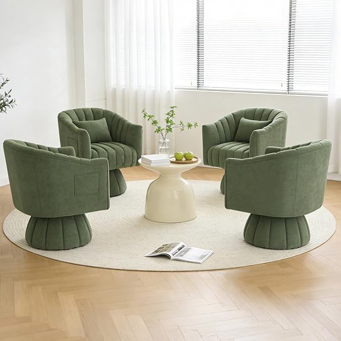 ClinQ Swivel Barrel Chair with Pillow & Side Pocket, 360° Cloud Velvet Round Swivel Accent Chair, Upholstered Cuddle Reading Lounge Chair for the Living Room, Bedroom, Office, Green-Vertical Stripes