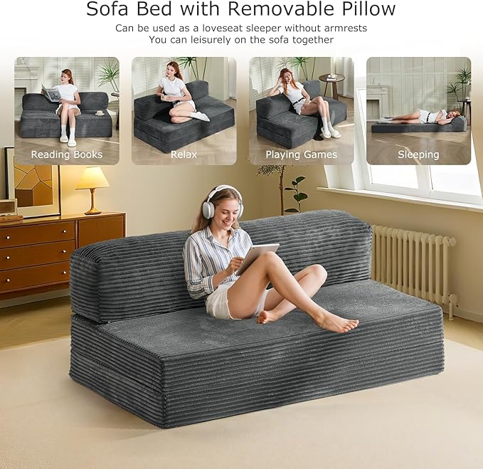 6-inch Folding Mattress Convertible Sofa Bed, Floor Bed & Sleeping Couch with Removable Corduroy Cover & Carry Handles, High-Density Foam (Grey, Queen)
