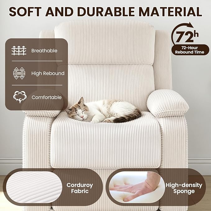 EROMMY Electric Recliner Chair, Oversized Power Recliner with USB Charging Port & Side Pockets, Heavy Duty Corduroy Reclining Sofa Chair, Wide Seat Living Room Chair for Adults, Beige